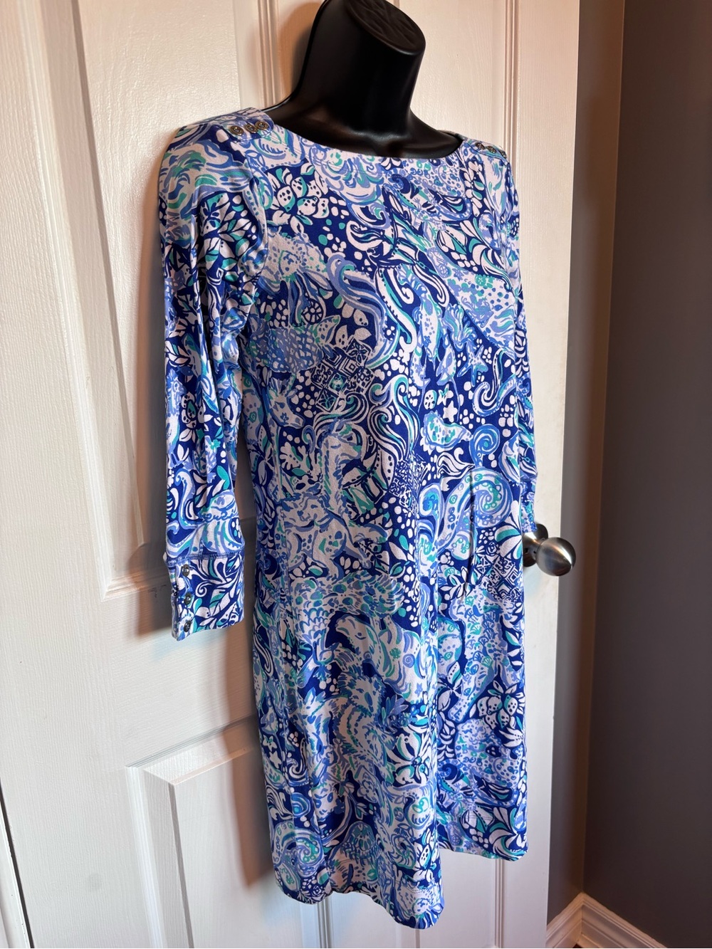 Lilly Pulitzer Chantal Stretch Shift Dress Blue Teal Floral S